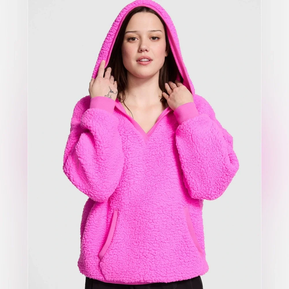 Victoria’s Secret Pink Cozy Fleece Pullover Hoodie In Pink Berry-Size L NWT 💕 - Picture 1 of 6